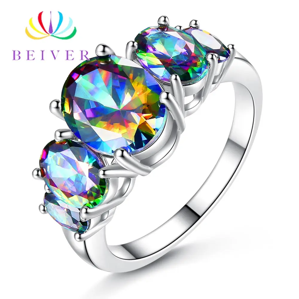 Beiver 2021 New Arrival White Gold Color Oval Rainbow AAA+ Cubic Zirconia Promise Wedding Bands Rings for Women Party Jewelry