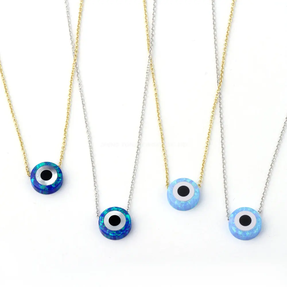 

10mm Round Evil Eye Necklace 925 Sterling Silver Link Chain Opal Jewelry