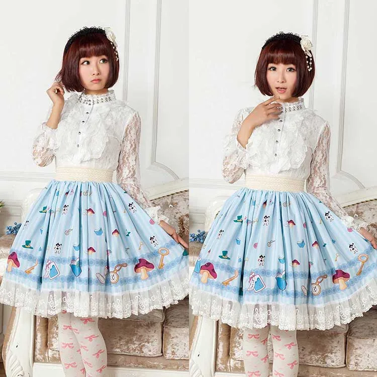 Harajuku Alice in Worldland Style Lolita Princess Lace Mid Skirt Lady Pleated Cartoon Music Note Lace Cotton Quality Bottom