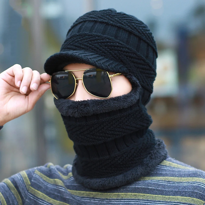 New Balaclava Winter Women Men\'s Skullies Wool Knitted Balaclava Cap Ninja Mask Thermal Plush Pocket Hat Unisex Snow Cap