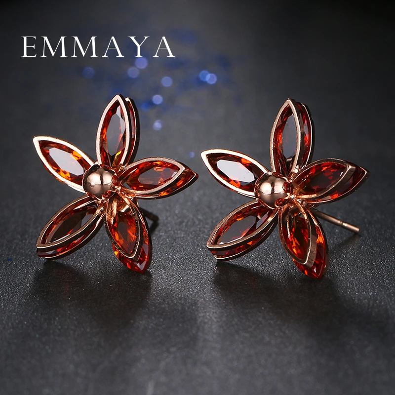 Emmaya Elegant Red Flowers Rose Gold Color Stud Earrings Fashion New Korean Style Women Ear Stud boucle d\'oreille