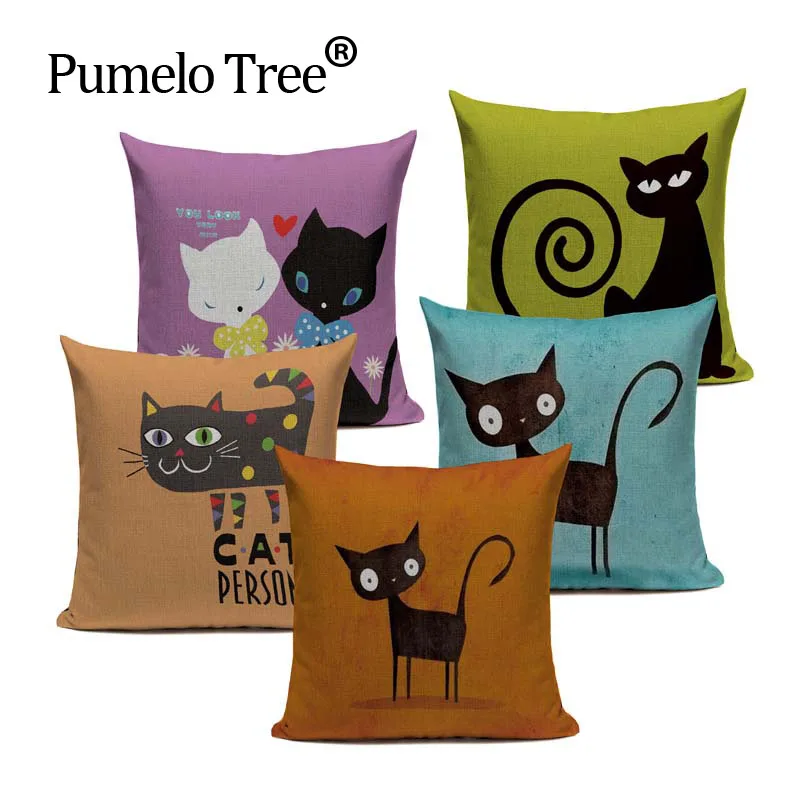 Nordic Decoration Design Linen Pillow Cover Black White Hand Painting Cat Eyes Cushion Cover Custom Home Couple Cute Pillow Case