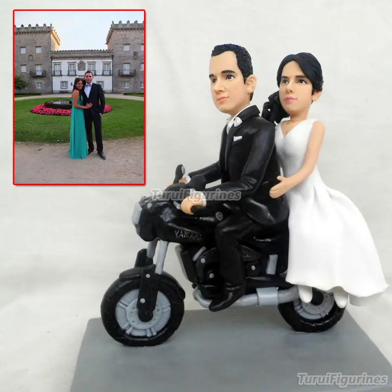 ooak polymer clay doll baby Motorbike Bride & Groom for Biker Couple or Motorcycle lovers Wedding Cake Toper decoration statue