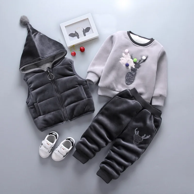 Winter Baby Sets for Boys Girls Clothing Sets Warm Thicken Cartoon Cotton Sweatshirt + hooded Vest +Pants 3pcs Sets Kids Clothes