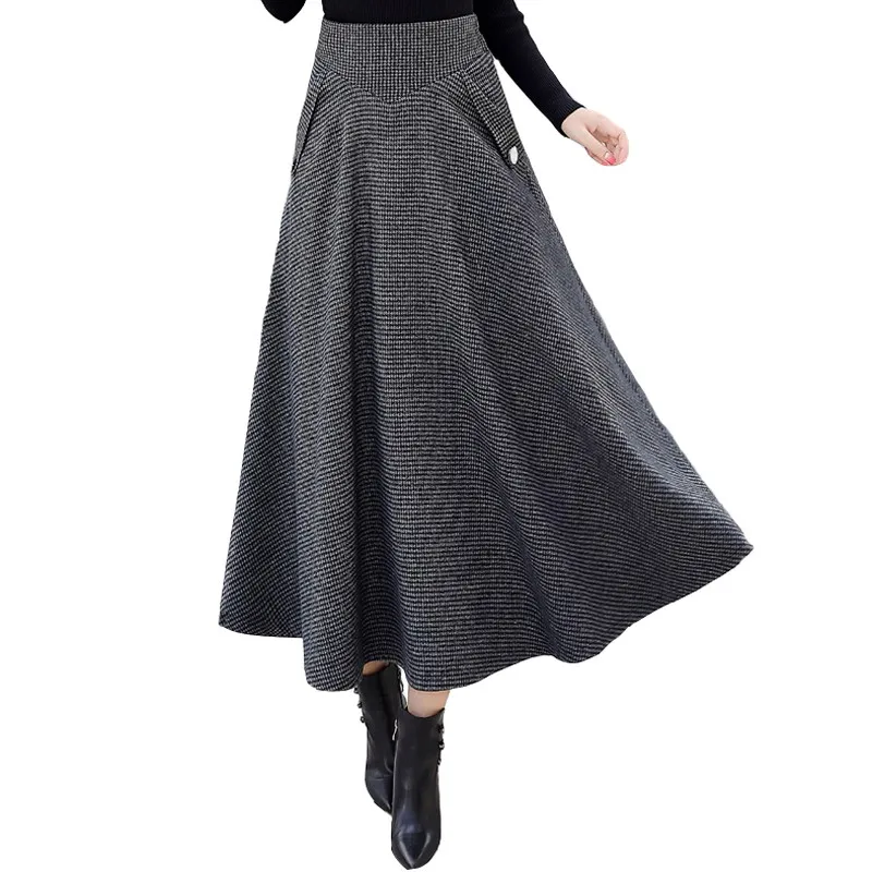 High Waist Retro Plaid Woolen Women Skirts Winter 2024 Fashion Warm Winter Office Wool Pleated Maxi Skirt Femme Saia Longa