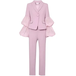 2019 Sexy Fashion Pant Suits Set Long Puff Sleeve Mesh Spliced Top Women 2 Pieces Pencil Pant Sets Women Two Piece Outfits