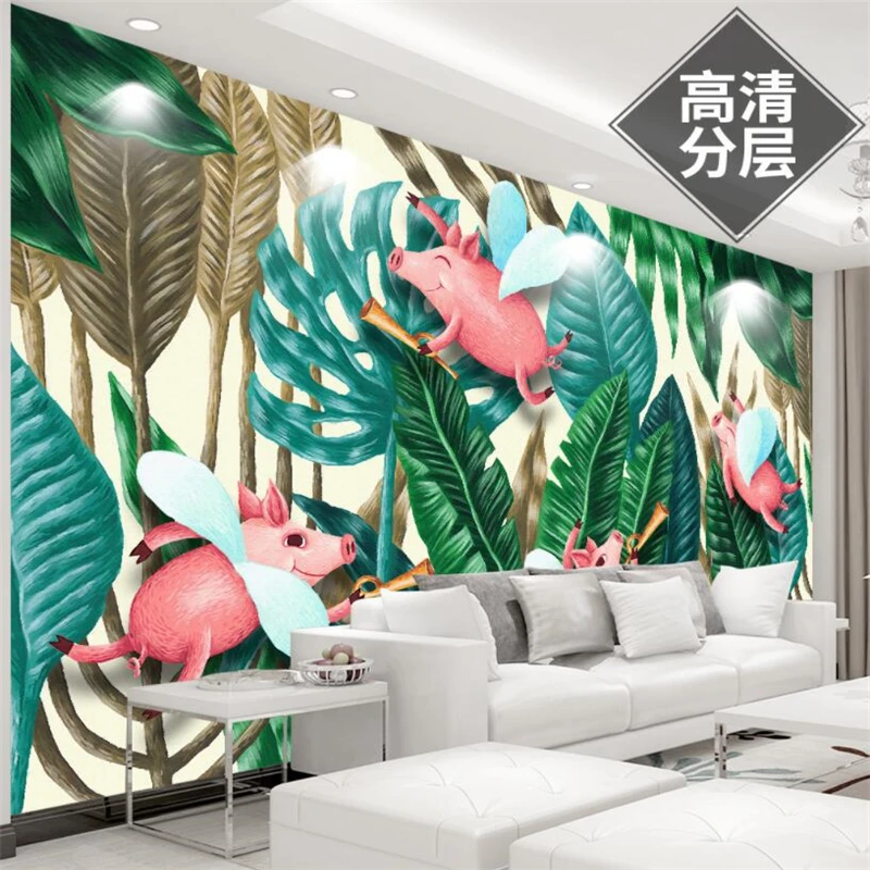 

Beibehang Custom wallpaper hand painted palm leaf tropical rain forest plant cartoon pig wallpaper home decoration 3d wallpaper