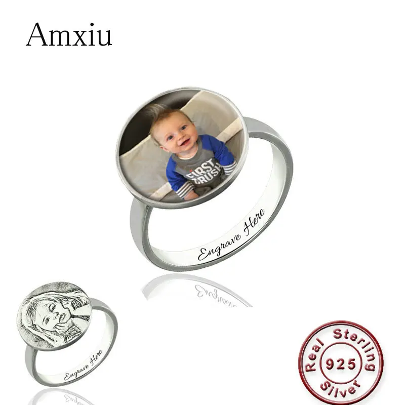 

Amxiu Custom Family Photo 925 Sterling Silver Ring Engrave Names Rings For Women Mother Personalized Gift DIY Picture Jewelry