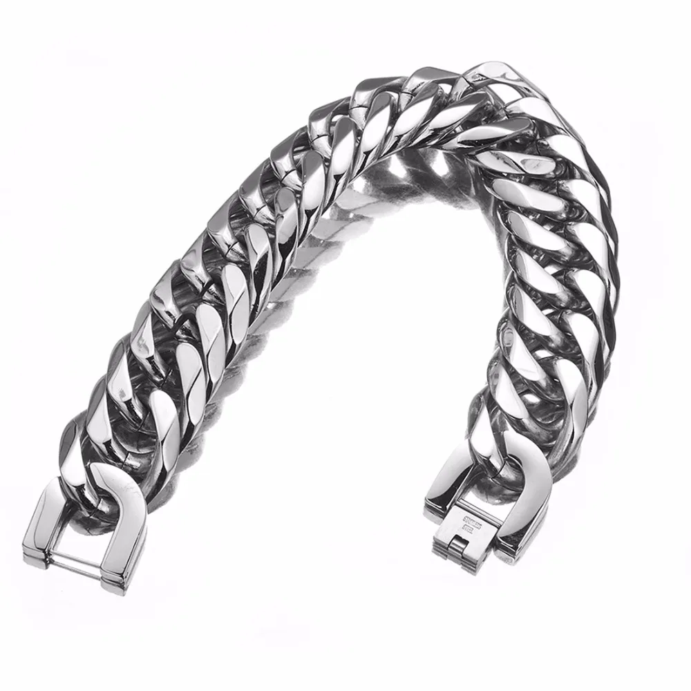 Fashion Hiphop Rock Mens Jewelry Stainless Steel Silver color Curb Cuban Link Chain Bracelet Charm Cool Jewelry 19/21mm Bangles