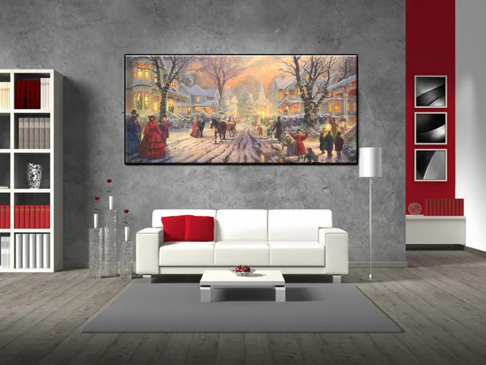 Christmas Eve Landscape Wall Artwork Hand-painted New Year People Cheered in the Street Landscape Art Oil Painitng on Canvas