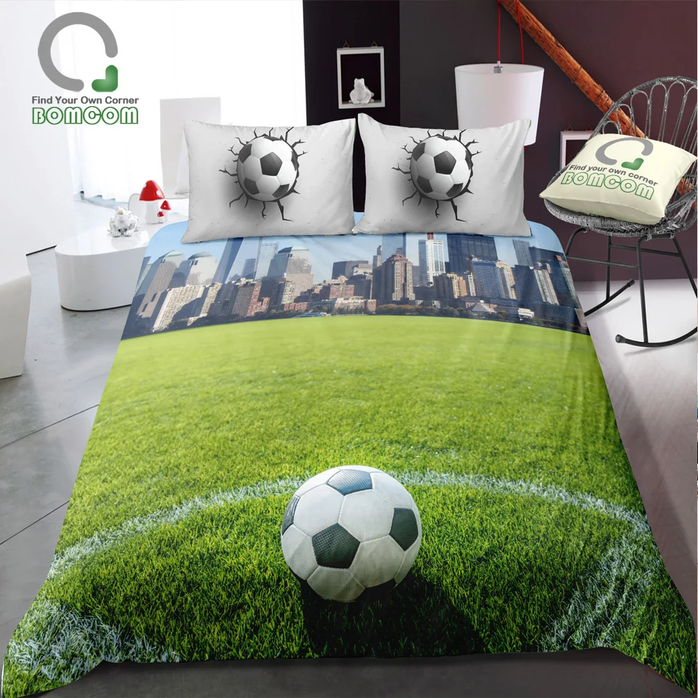 BOMCOM 3D Digital Printing Duvet cover set soccer football on grass city park ball hit crack wall Bedding Set 100% Microfiber