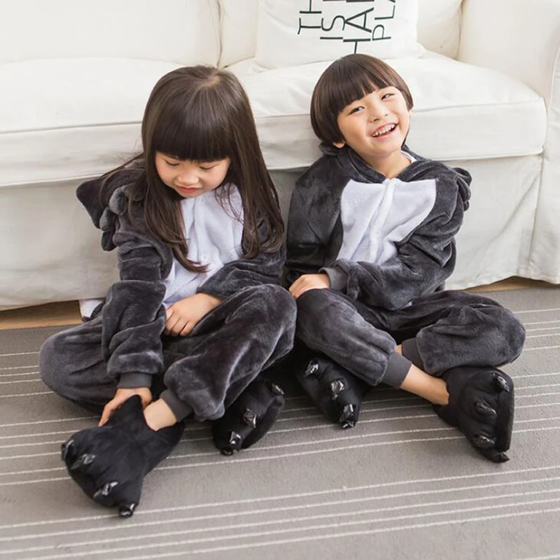 Kid Grey Wold Cosplay Kigurumi Onesies Child Cartoon Anime Jumpsuit Costume For Girl Boy Cute Animal Disguise Sleepwear Pajamas