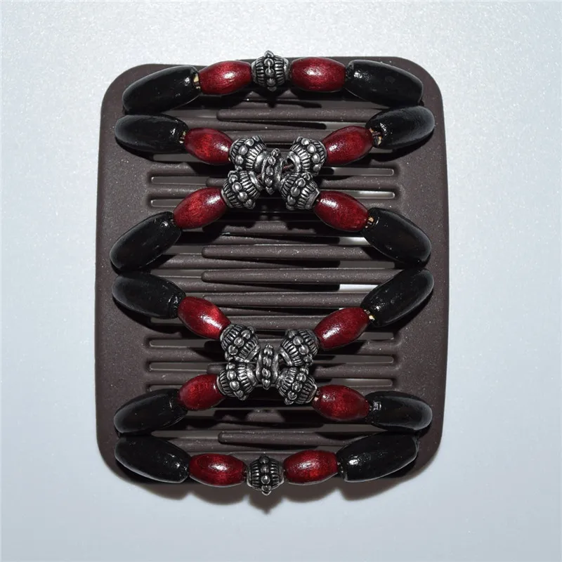 20 pcs / lot  medium size wine red silver Lady Beaded Magic Strecthy Hair Combs Double Clips Combs