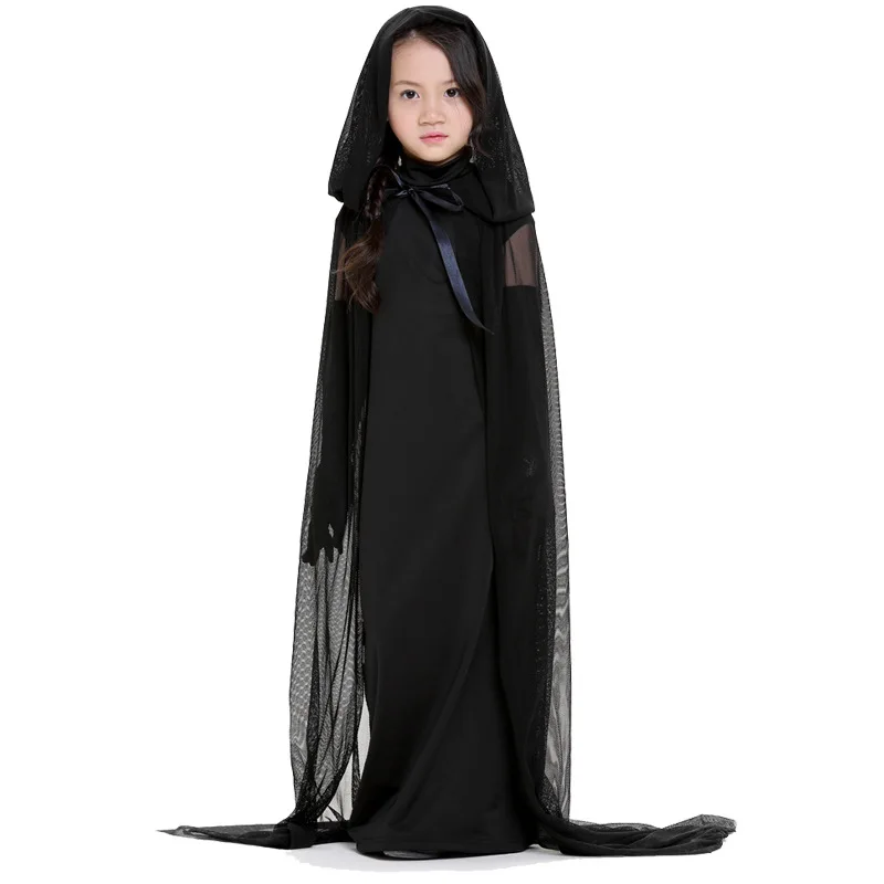 Kids Adults Black Ghost Costume Evil Witch Costume Gothic Cosplay Floor-length Cloak Halloween Costumes For Women