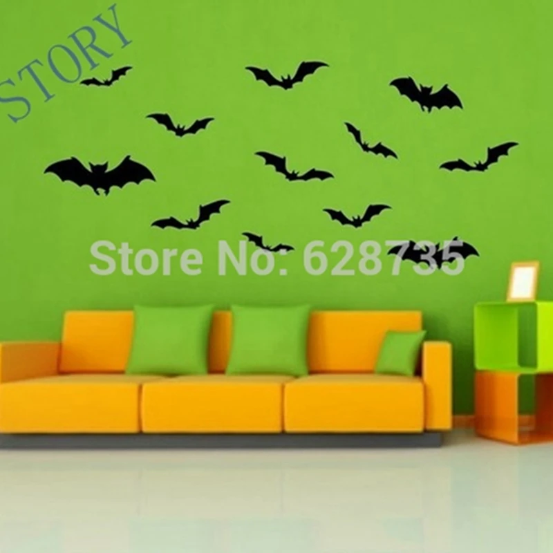 12pcs Bats Vinyl Wall Sticker Halloween Decorative Decals DIY Creative Stickers For Car Window, Laptop, Phone Decoration