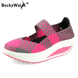 BeckyWalk Summer Women Casual Shoes Women Woven Platform Shoes Breathable Ladies Boat Shoes Woman Mesh Walking Shoes WSH2904