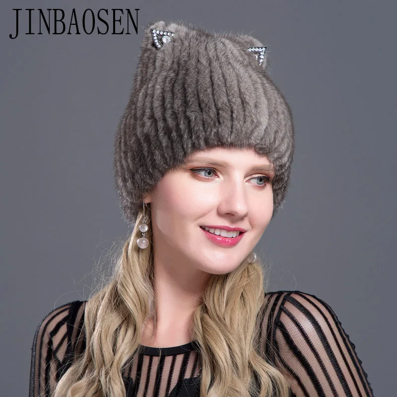 JINBAOSEN Ski Hat Mink Fur Cap Mink Fox Combined with Fur Knitted Wool Set Winter Ladies Fur Fashion Hat