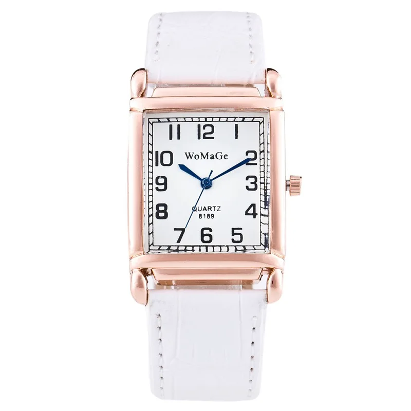 Womage Brand Lady Fashion Leather Band Rectangle Watch  Rose Gold Square Dial Women Casual Bracelet Quartz Casual Wristwatches