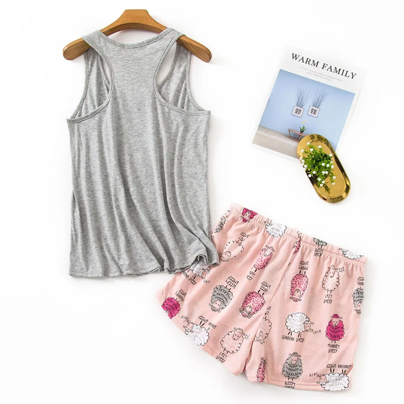 Summer Female Casual Cartoon Pajama Sets Ladies Cotton Sleepwear Suit Women Sleeveless Vest Shirt & Shorts Home Clothes