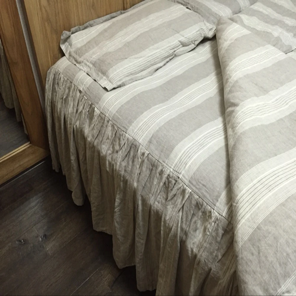 Soft Striped French Washed Ruffled Linen Bed Skirt Dust Skirting 100% Flax Bedding Bedspread Bed Cover