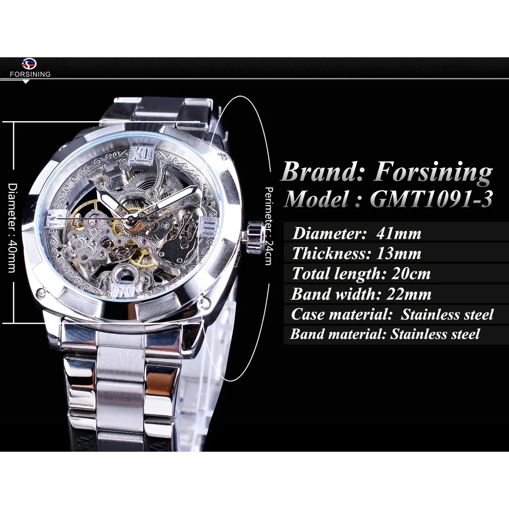 Forsining Silver Watches Folding Clasp with Safety Men\'s Automatic Watches Top Brand Luxury Transparent Watches Luminous Hands