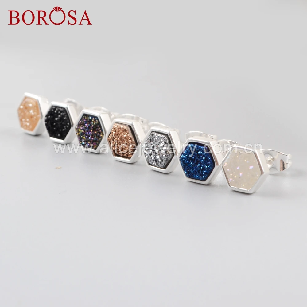 

BOROSA 5Pairs New Hexagon Silver Color Titanium Rainbow Druzy Stud Earrings Mixed Colors Drusy Earring Fashion Jewelry ZS0275