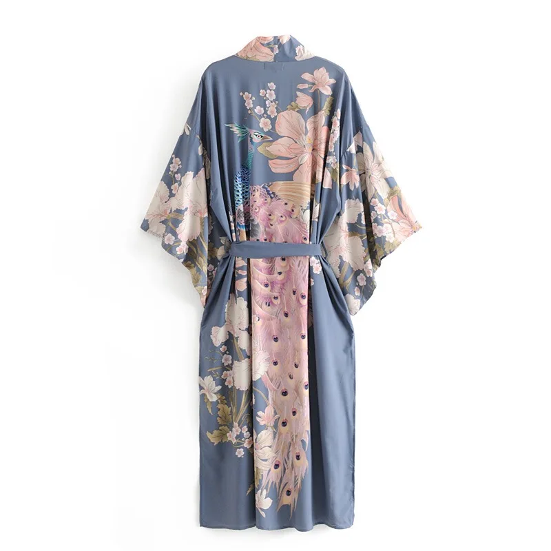 Bohemian V neck Peacock Flower Print Long Kimono Robe Shirt Ethnic Lacing up Sashes Long Cardigan Loose Blouse Tops femme