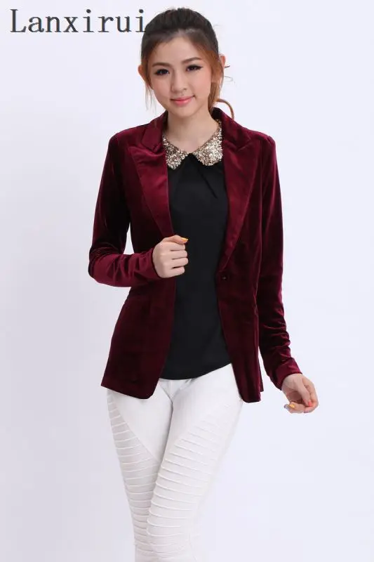 New Fashion Women\'s Gold velvet blazer Casual Coat Jacket Button Woman Suit Slim Female