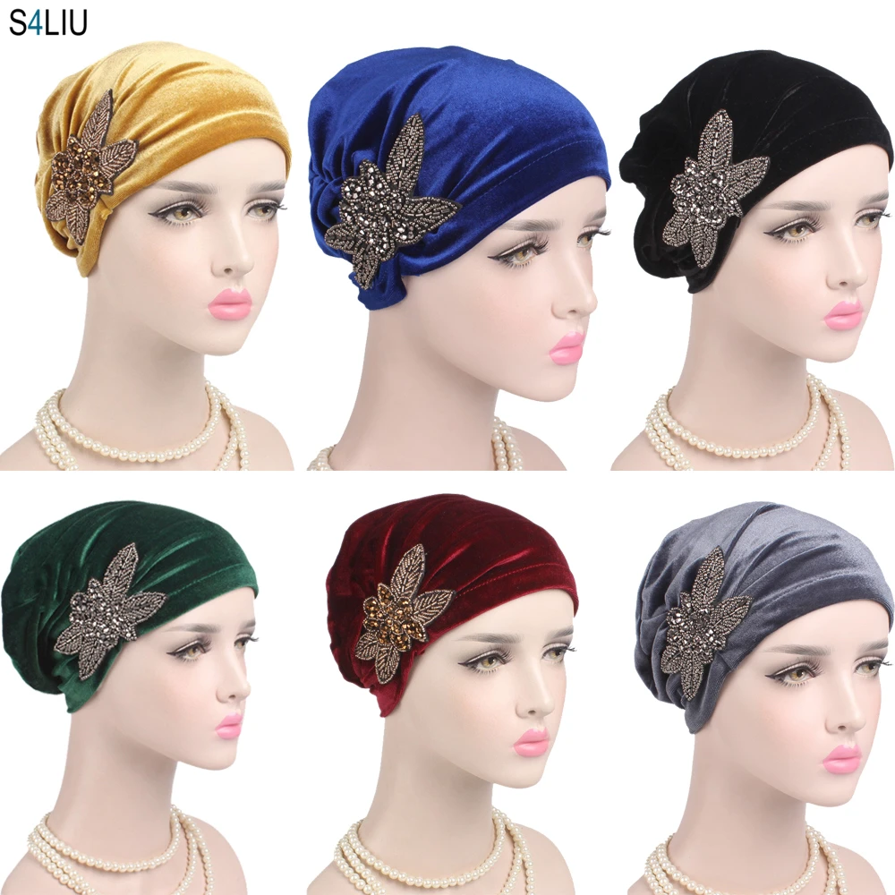 Women Muslim India Cap Ladies Velvet Hat Beanie Skullies Turban Chemo Cap With Beads Flower Headwear Cancer Hat Inner Elegant