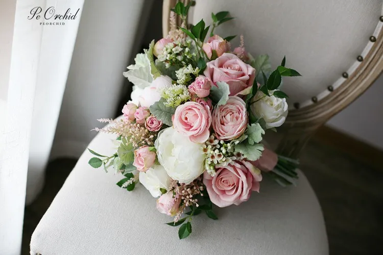 PEORCHID Vintage Bruiloft Bruidsboeket Kunstmatige Ramo Novia Boda Decoratie De Mariage Blush Roze Rose Bloemen Bruiden Boeket