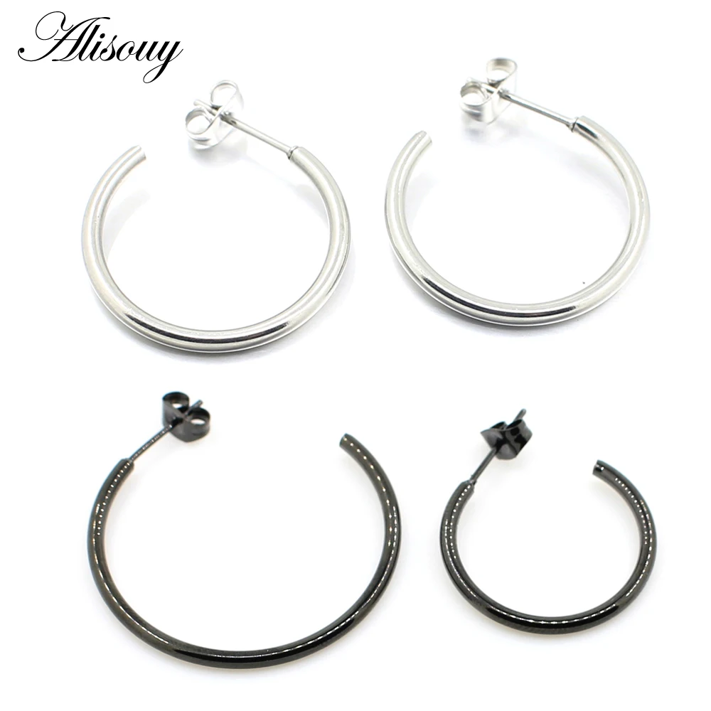 Alisouy 1 Pair Stainless Steel COOL  Color Black Gold Color Jewelry Earrings Fashion Jewelry 2mm Hollow Hoop Earrings Unisex