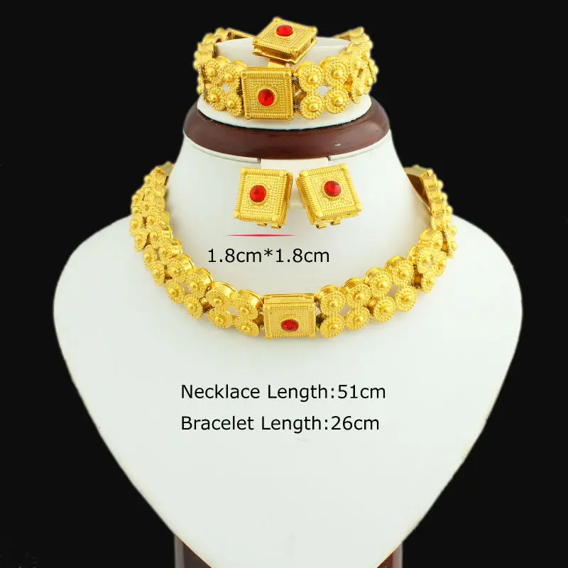 Adixyn New Red Stone Ethiopian Set Jewelry 24K Gold Color Necklace/Earring/Ring/Bracelet Jewellery Set For Eritrea African Women