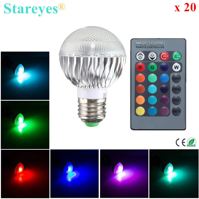 

Free shipping 20 pcs AC100-240V RGB Lamp 5W E27 led Bulb Lamp with 24 key Colorful Remote Control led light RGB globe