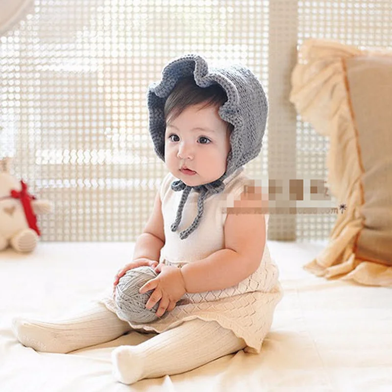 New Chic Baby Girl Winter Hat Knitted Crochet Ruffles Toddler Kids Warm Hats Earflaps Girls Flower Hat Red, White, Gray