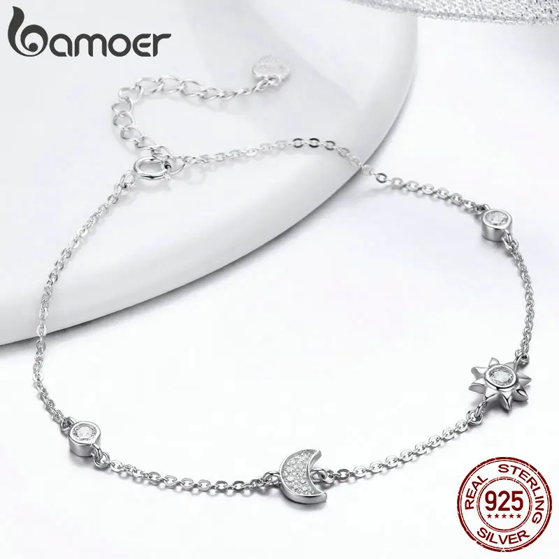 BAMOER Genuine 100% 925 Sterling Silver Lobster Clasp Star And Moon Clear CZ Bracelet & Bangles for Women Silver Jewelry SCB081