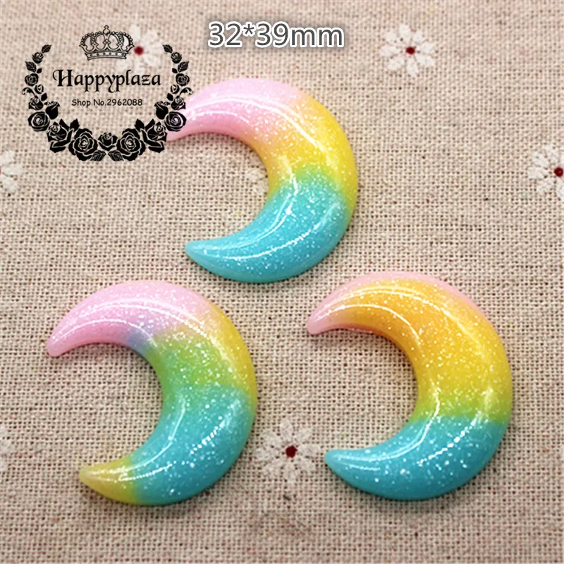 10pcs Kawaii Resin Pink+Yellow+Blue Glitter Moon Flatback Cabochon Art Supply Decoration Charm Craft DIY Accessories,32*38mm