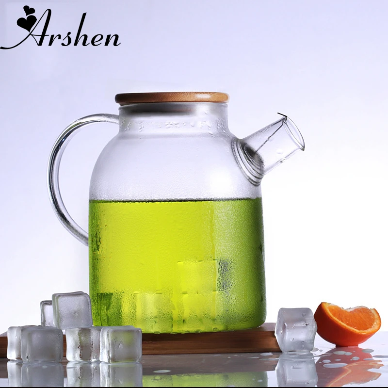 Arshen 1000ml/1800ml Glass Kettle Water Jug Heat Resistant Flower Teapot With Bamboo Lid Stainless Steel Filter Juice Container