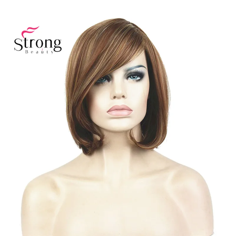 StrongBeauty Breve Rettilineo Marrone Evidenziato Bob Side Swept Bangs Parrucca Sintetica LE SCELTE di COLORE