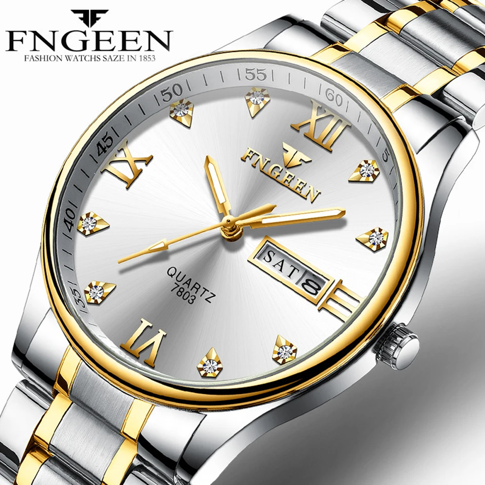 FNGEEN Watch Two-tone Steel Fashion Men's Wristwatch Dual Calendar Quartz Watch Casual Business Hodinky Luxury Diamond Man Watch