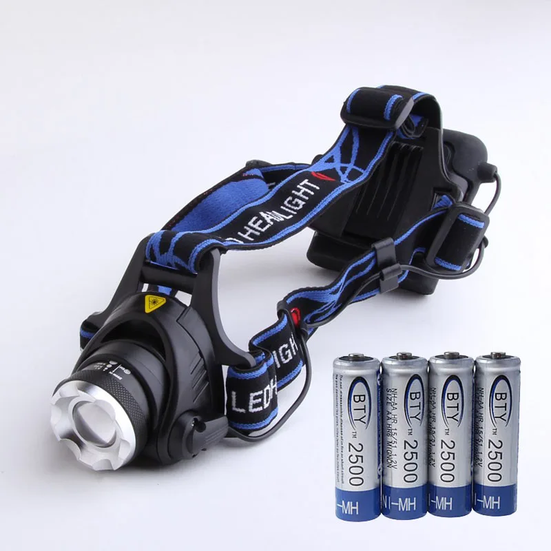 Waterproof T6 LED Headlight Head Lamp Zoom Headlamp + 4 x 2500mAh 1.2V AA Ni-MH Rechargeable Battery