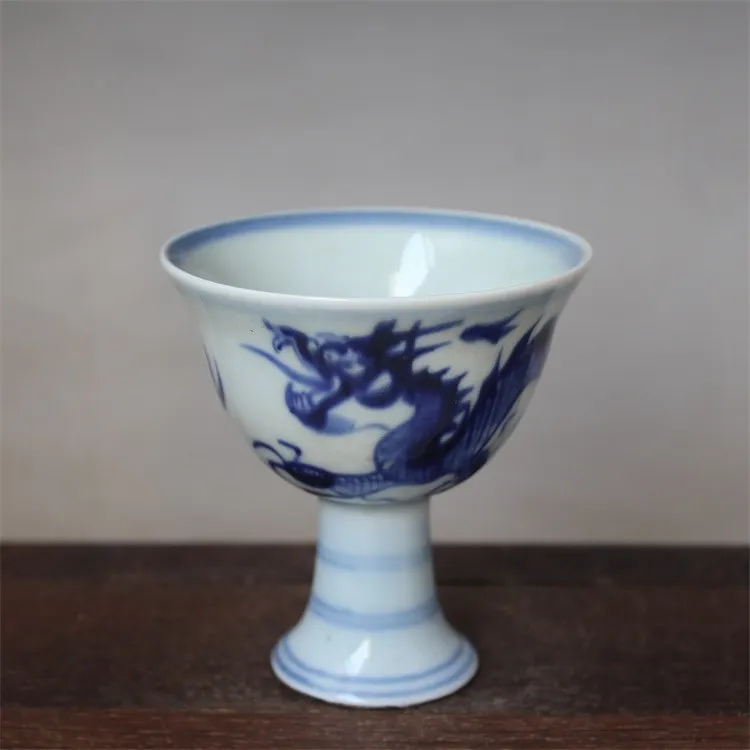 Collection Chinese Old Antique Porcelain Ming Xuande Year Blue & White  Porcelain Painting 12 Zodiac Animal Dragon High Foot Cup