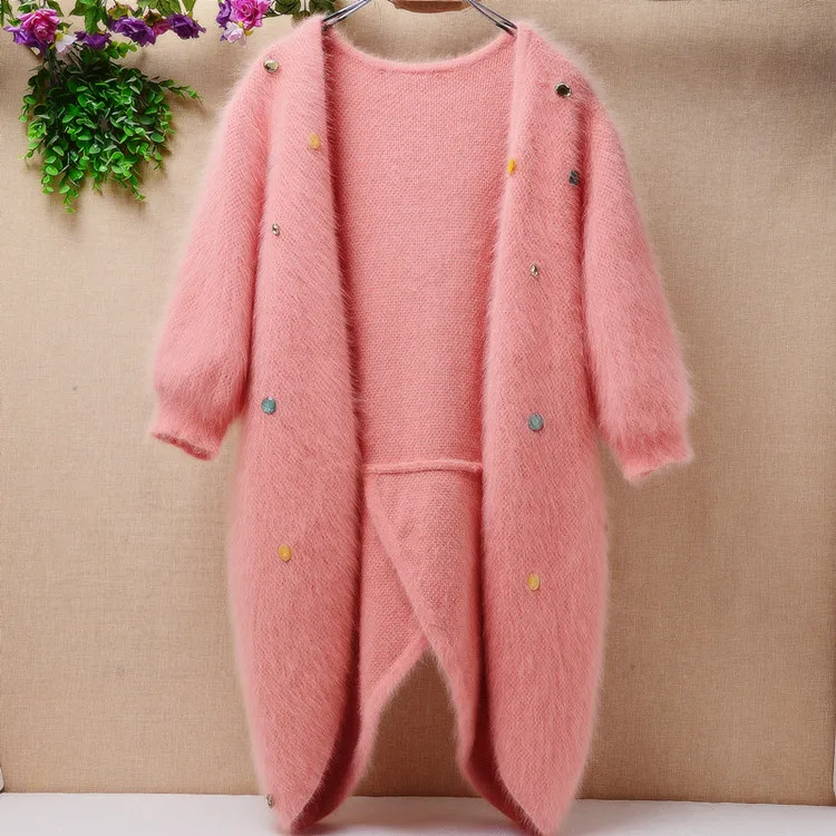 ladies women 100% real mink cashmere sweater coat medium long angora rabbit fur half-sleeves beading cardigan sweater autumn