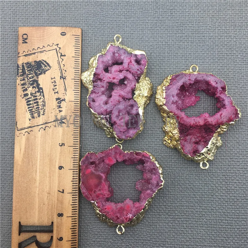 MY0408 Hot Pink Agates Geode Druzy Slice Gold Color Edge Connector,Freeform Rose Onyx Jewelry Making Pendant Charm