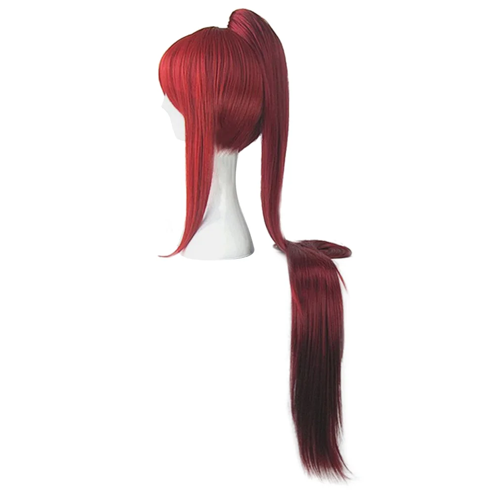 Erza planchers let-Perruque de Cosplay Rouge Profond de 100cm de Long, avec 1 Queue de Cheval et Bonnet