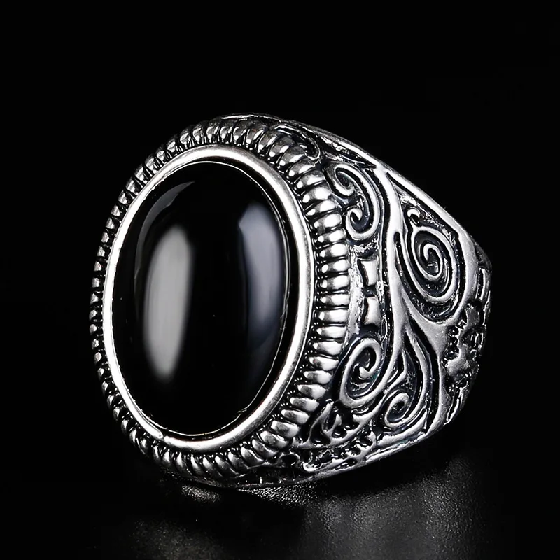 Fashion Flower Band Oval Natural Stone Ring Men Vintage Look Antique Silver Color Rings For Women Jewelry Party Gift Ring 31059