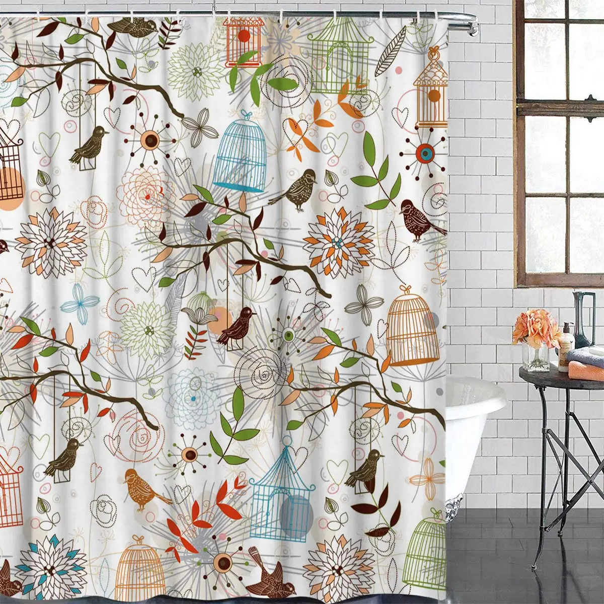 Manggo Generic Personalized Beautiful Bird Cage Flower Leaves Pattern Art Style Picture Design Shower Curtain