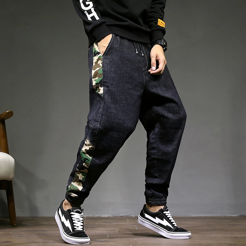 Autumn and winter Harlan jeans male elastic loose large size fat hip hop black camouflage feet wide leg trousers