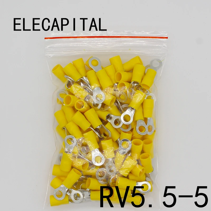 RV5.5-5 Yellow Ring insulated terminal cable Crimp Terminal 100PCS/Pack suit 4-6mm2 Cable Wire Connector RV5-5 RV