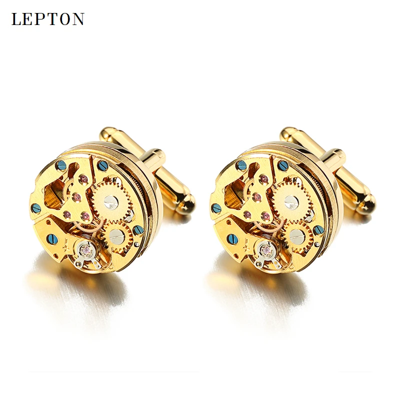 Lepton Watch Movement Cufflinks for immovable Gold Color Steampunk Gear Watch Mechanism Cuff links for Mens Relojes gemelos