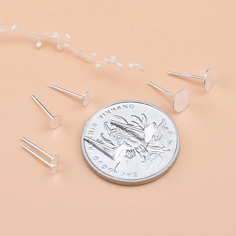 10pcs Real Solid 925 Sterling Silver Earring Stud Needle Post Flat Base Pins 3~8mm Silver Settings DIY Jewelry Making Findings